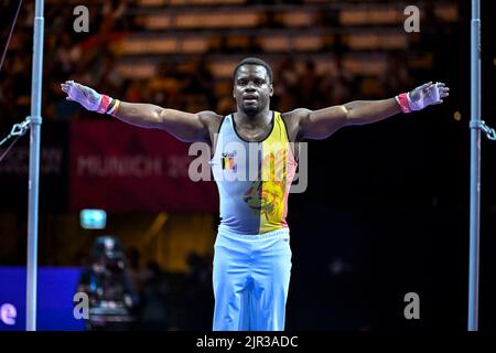 Munich, Germany, 21 August 2022. Belgian gymnast Noah Kuavita pictured in action during the final the men's horizontal bar of the Artistic Gymnastics European Championships Munich 2022, in Munich, Germany, on Sunday 21 August 2022. The second edition of the European Championships takes place from 11 to 22 August and features nine sports. BELGA PHOTO ERIC LALMAND Stock Photo