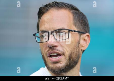 Miami. FL USA;  Miami Dolphins head coach Mike McDaniel as he takes the field prior to an NFL preseason game against the Las Vegas Raiders, Saturday, Stock Photo