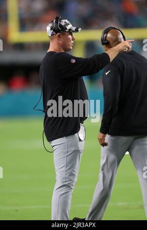 Miami. FL USA;  Las Vegas Raiders head coach Josh McDaniel coaches from the sideline during an NFL preseason game against the Miami Dolphins, Saturday Stock Photo