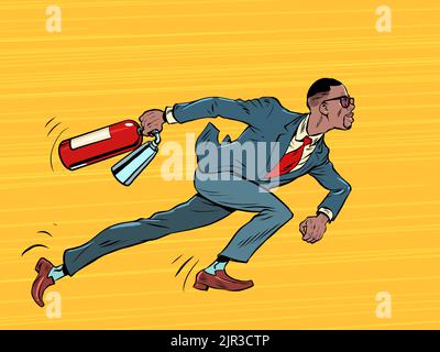 A businessman with a fire extinguisher is preparing to put out a fire ...