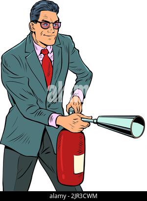 A businessman with a fire extinguisher is preparing to put out a fire. Extreme dangerous incident. Fighting fire Stock Vector