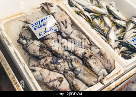 Mediterranean cuisine concept. Closeup shot of freshly caught seafood put in a white container with ice. Kapani Market in Greece. High quality photo Stock Photo