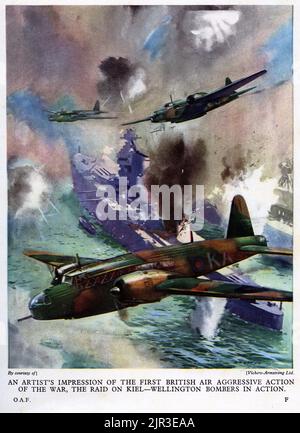 Halftone of a squadron of Wellington bombers in the raid on Kiel, World War Two, published 1942. Stock Photo