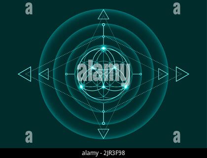 Sacred Geometry, Flower of Life, lotus flower mandala. Neon vintage logo Symbol of Harmony and Balance, Glowing Geometrical Ornament, yoga relax, sign Stock Vector