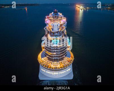 Norwegian prima cruise ship,  She is the first of six Project Leonardo class ships in the Norwegian Cruise Line NCL fleet.  Aerial view. Stock Photo