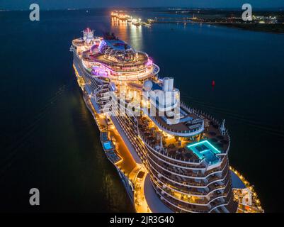 Norwegian prima cruise ship,  She is the first of six Project Leonardo class ships in the Norwegian Cruise Line NCL fleet.  Aerial view. Stock Photo