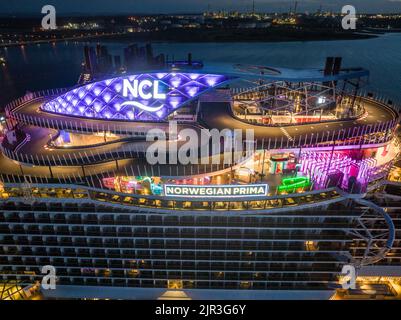 Norwegian prima cruise ship,  She is the first of six Project Leonardo class ships in the Norwegian Cruise Line NCL fleet.  Aerial view. Stock Photo