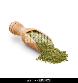 Wooden scoop full of matcha powder isolated on white Stock Photo