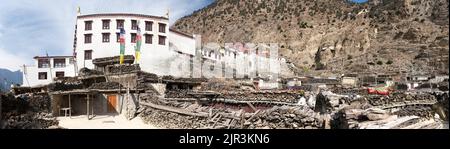 Panoramic view of Marpha village and monastery, one of the best villages in round Annapurna circuit trekking trail route, Nepal Stock Photo