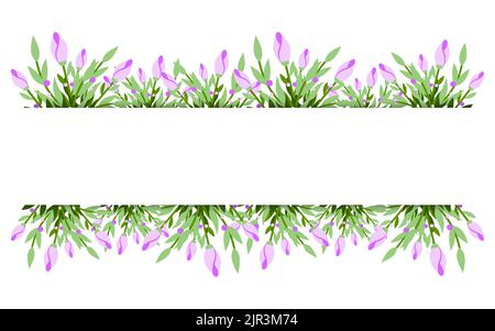 Purple flower floral bunch banner spring card flat. Delicate design greeting card invitation banner. Romantic cute sticker background save date valentine day label spring party signboard isolated Stock Vector