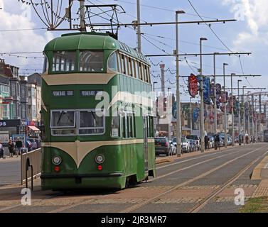Blackpool promenade with a 1930s heritage green and cream English Electric Balloon tram number 700, Lancashire seaside, England, UK Stock Photo