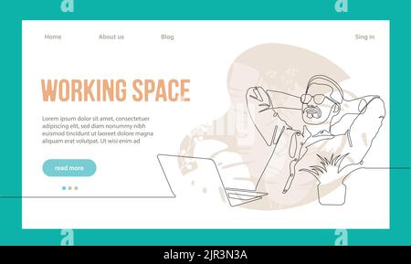 Coworking Space Landing Page Flat Cartoon Template. Freelancers Team Working Online on Laptop. Business People Sharing Open Workspace. Outline Vector Illustration Stock Vector