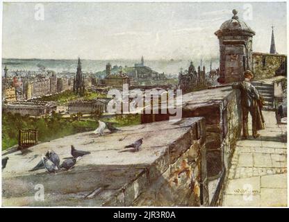 View of Edinburgh, Scotland - from Edinburgh Castle, circa 1920, showing the embrasured battlements of the Argyle Battery in the foreground. In the background are the Royal Institution, National Gallery, Walter Scott Monument and the Nelson Monument.