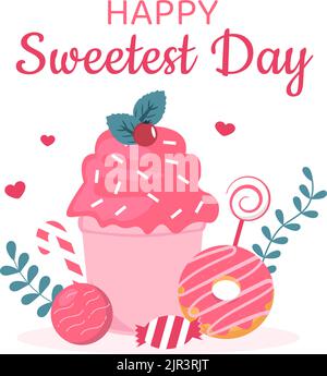 Happy Sweetest Day on 21 October Sweet Holiday Event Hand Drawn Cartoon Flat Illustration with Cupcakes and Candy in a Pink Background Stock Vector