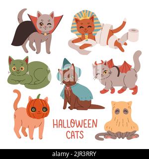 Group of cats in halloween costumes vector set Stock Vector