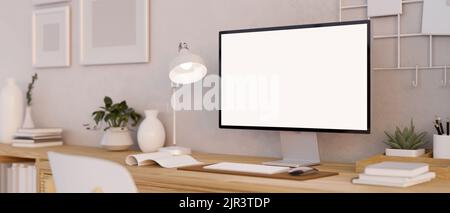 Minimal Scandinavian home working space interior design with blank PC desktop computer mockup and accessories on wooden table over the white wall. 3d Stock Photo