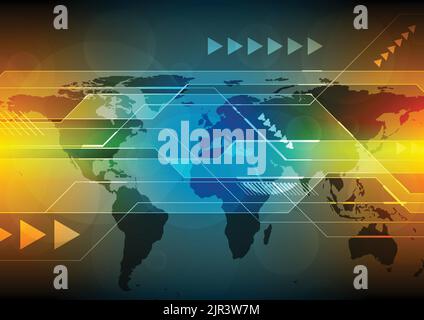 Abstract bright orange and blue technology background with world map. Vector design illustration Stock Vector