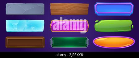 Set of web buttons isolated on background. Cartoon vector illustration of rectangular and oval ui empty bars with colorful ice, stone, wood, germ, glossy, chocolate texture. Game interface elements Stock Vector