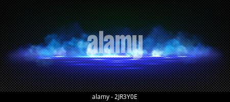 Smoke, magic haze clouds, blue glowing steam in nightclub perspective view. Background with fog or mist spreading over dark water surface. Mysterious natural phenomenon, Realistic 3d vector mockup Stock Vector