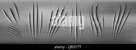 Claw marks on metal wall, monster talon scratches on metallic surface, wild animal nail slashes, paw rips, sherds on grey background. Beast breaks, traces texture, Realistic 3d vector illustration Stock Vector