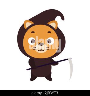 Cute little Halloween lion in a grim Reaper costume. Cartoon animal character for kids t-shirts, nursery decoration, baby shower, greeting card Stock Vector