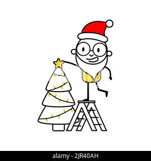 Man decorating a Christmas tree in Santa hat and white beard. Cartoon Christmas character concept. Isolated vector stock illustration. Stock Vector
