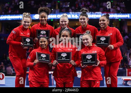 Tampa, FL. US, August 21, 2022: The members of 2022 Team USA senior women's gymnastics team pose together following the 2022 U.S. Gymnastics Championships at Amalie Arena in Tampa, FL. Kyle Okita/CSM Stock Photo