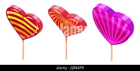 Set of Candy Sugar Heart Lollypops Isometric. Sweet food icon cartoon style vector isolated Stock Vector