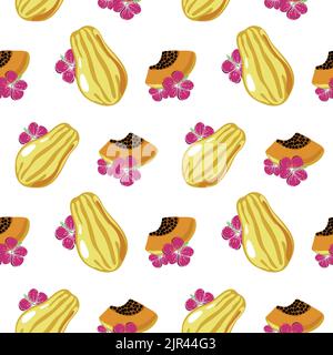Seamless papaya and hibiscus pattern, sketchy drawn elements. Whole papaya, parts, slices, core. Image of summer fruits. Vector illustration on white Stock Vector