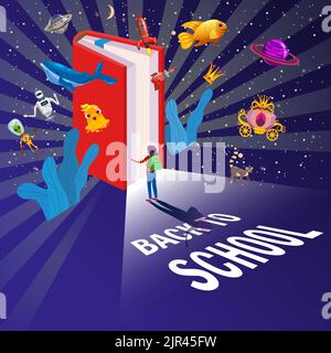 Welcome Back to school, Book Inspiration poster. Kids space imagination, planets, rocket, UFO, whale, fish creative template. Vector illustration bann Stock Vector