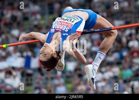 Munich, Germany. 21st Aug, 2022. Athletics: European Championships, Olympic Stadium, High Jump, Women, Final. Angelina Topic from Serbia in action. Credit: Sven Hoppe/dpa/Alamy Live News Stock Photo