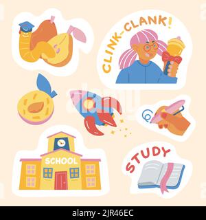 school themed sticker set girl with bell school textbook Stock Vector