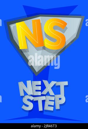 Superhero coat of arms showing Next Step icon. Colorful comic book ...