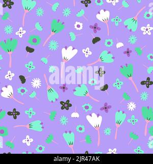 Seamless cartoon abstract flowers pattern. Color floret on violet background. Hand-drawn plant, petals. Stylized peonies, roses, tulips ,chamomile. Su Stock Vector