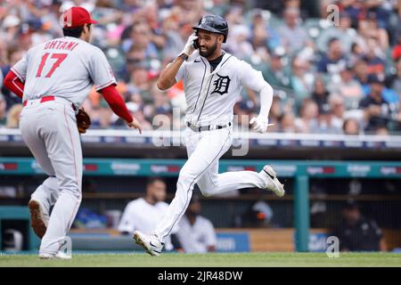 Detroit Tigers' Riley Greene bats against the Texas Rangers in the first  inning of a baseball game in Detroit, Sunday, June 19, 2022. (AP Photo/Paul  Sancya Stock Photo - Alamy