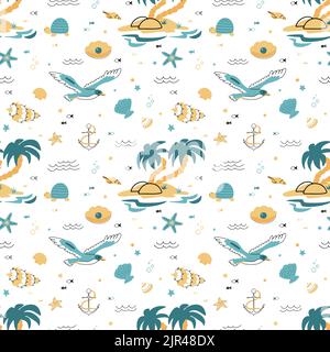 Cute seamless pattern nautical theme. Ocean and sea life background for children Stock Vector