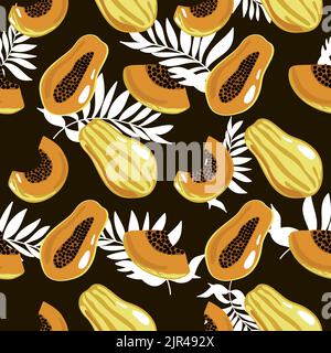 Seamless pattern of papaya and tropical leaves, sketchy drawn elements. Whole papaya, parts, slices, core. Image of summer fruits on black background Stock Vector