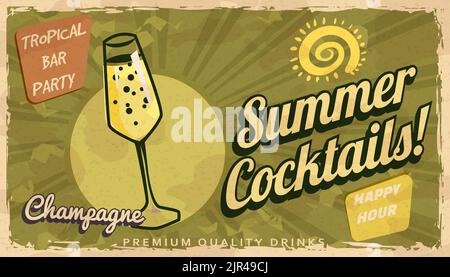 Summer Champagne Cocktail Retro banner. Cocktail lounge vintage background, scratched old textured paper. Vector illustration template Stock Vector