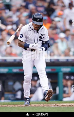 Detroit Tigers' Javier Baez reacts to his home run during a baseball