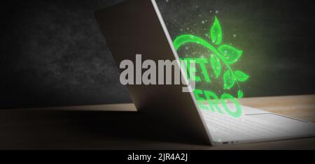 Net Zero leaf icon glowing like a hologram in laptop 3D Render Stock Photo