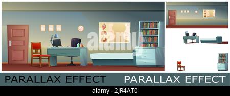 Doctor office in evening time. Work desk with armchair and PC computer. Couch and chair for patients. Image from layers for overlay with parallax effe Stock Vector