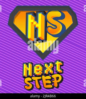 Superhero coat of arms showing Next Step icon. Colorful comic book ...