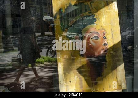 France. Paris (75) (5th district) Painting of Queen Nefertiti in the window of the Egyptian cultural center, Saint-Michel boulevard Stock Photo