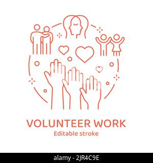 Volunteer work concept icon. Charity, trust, foundation vector line illustration. Editable stroke. Stock Vector