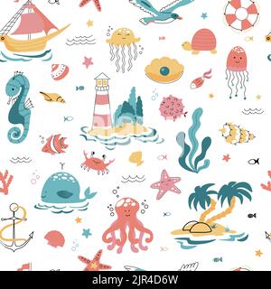 Cute seamless pattern nautical theme. Ocean and sea life background for children Stock Vector