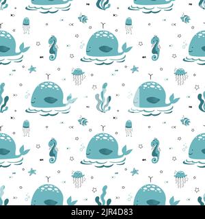 Cute seamless pattern nautical theme. Ocean and sea life background for children Stock Vector