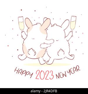 Two cute fat rabbits with champagne celebrating the New Year. Inscription Happy 2023 New Year. Square holiday card with animal - symbol of year accord Stock Vector