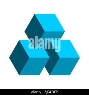 Three blue cubes floating in the air. Impossible 3D geometric shape. Penrose optical illusion. Isometric blockchain technology concept. Vector Stock Vector