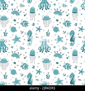 Cute seamless pattern nautical theme. Ocean and sea life background for children Stock Vector