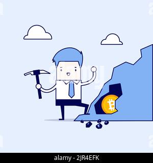 Businessman mining for bitcoin, Cartoon character thin line style vector. Stock Vector
